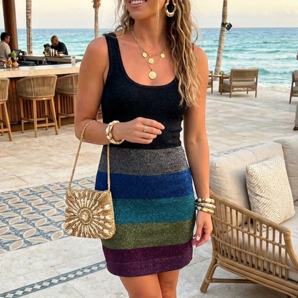 Trina Turk Metallic Glitter Rainbow Knit Dress Party Resortwear Vacation Sz S